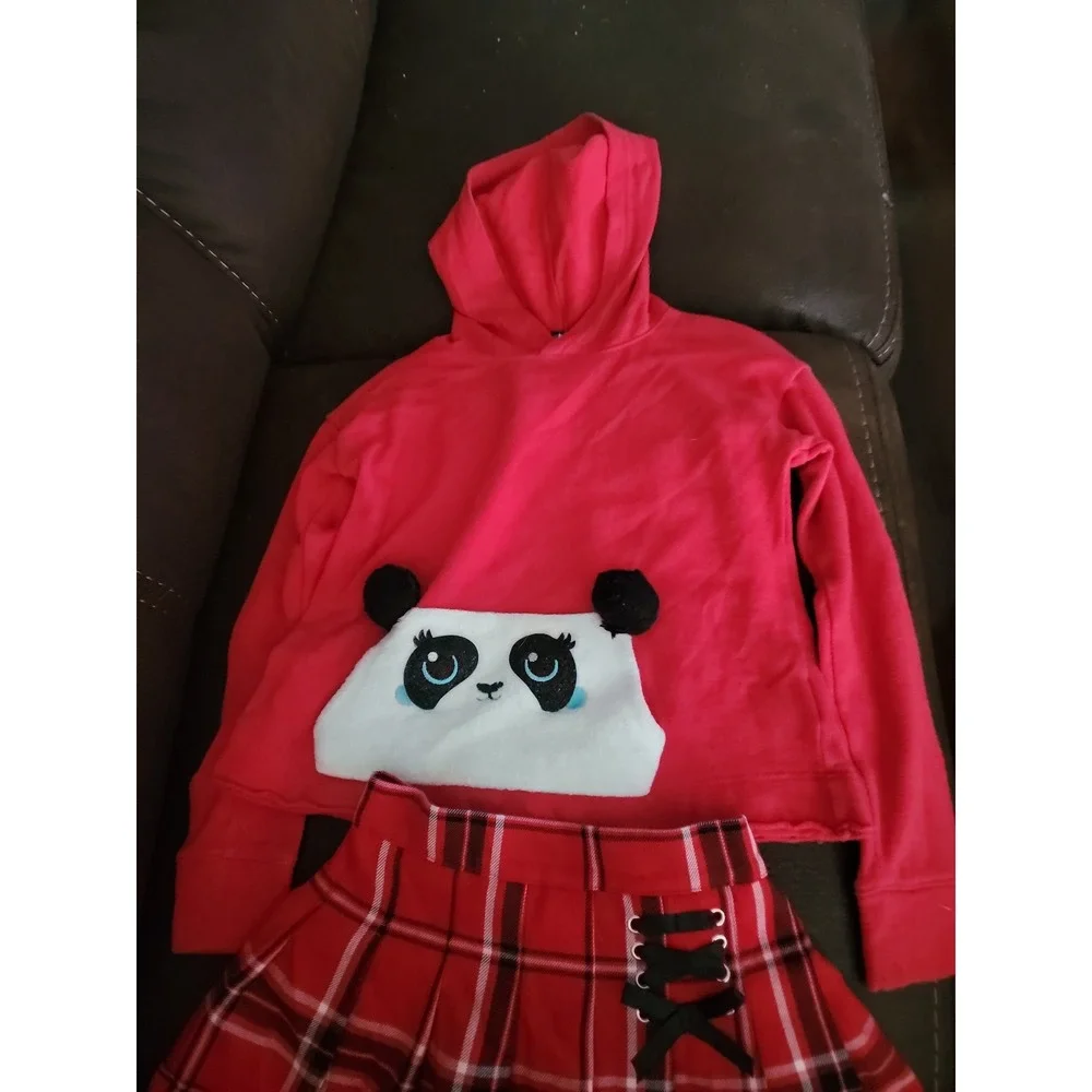 Justice Christmas holiday panda sweatshirt‎ and red plaid skort size 6 7 Justice